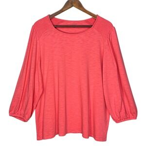 Crown & Ivy Womens 2X Coral Pink Smocked Shoulder Balloon Sleeve Slub Knit Top